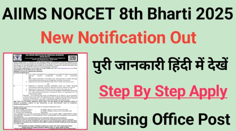 "NORCET-8 भर्ती 2025: AIIMS में 1,794 नर्सिंग ऑफिसर पदों पर वैकेंसी, आवेदन प्रक्रिया शुरू, अंतिम तिथि 17 मार्च।"